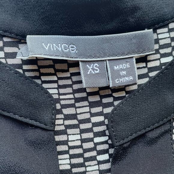 Women's Vince Black Cream Geometric Print Silk Drawstring Waist Shirt Dress XS - Picture 8 of 14